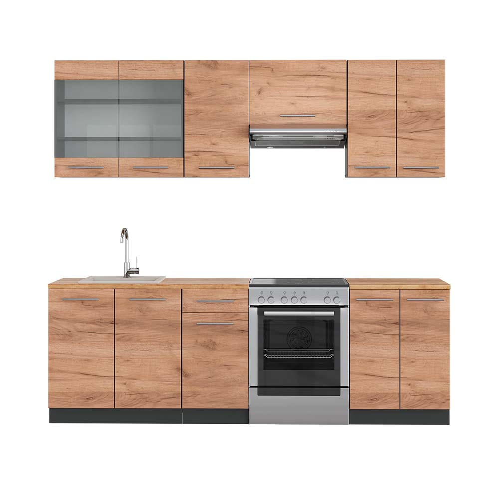 KÜCHENZEILE Fame-Line Goldkraft Eiche/Anthrazit 240 cm, AP Eiche - Anthrazit/Eiche Wotan, Holzwerkstoff (240/81.6/60cm) - Vicco