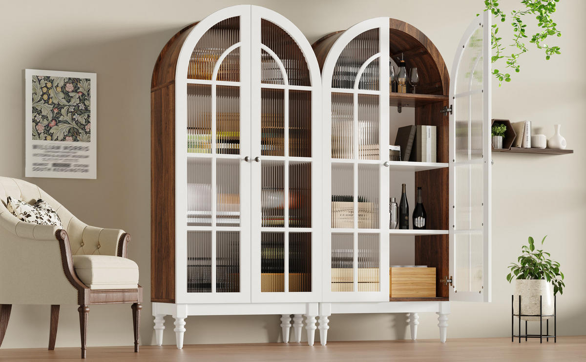 HIGHBOARD Weiß 76×38,5×165 cm mit Bogenfront und Riffelglas-Türen aus Holzwerkstoff, 2er-Set - Weiß, Holzwerkstoff (76/165/38.5cm) - Luhomfu