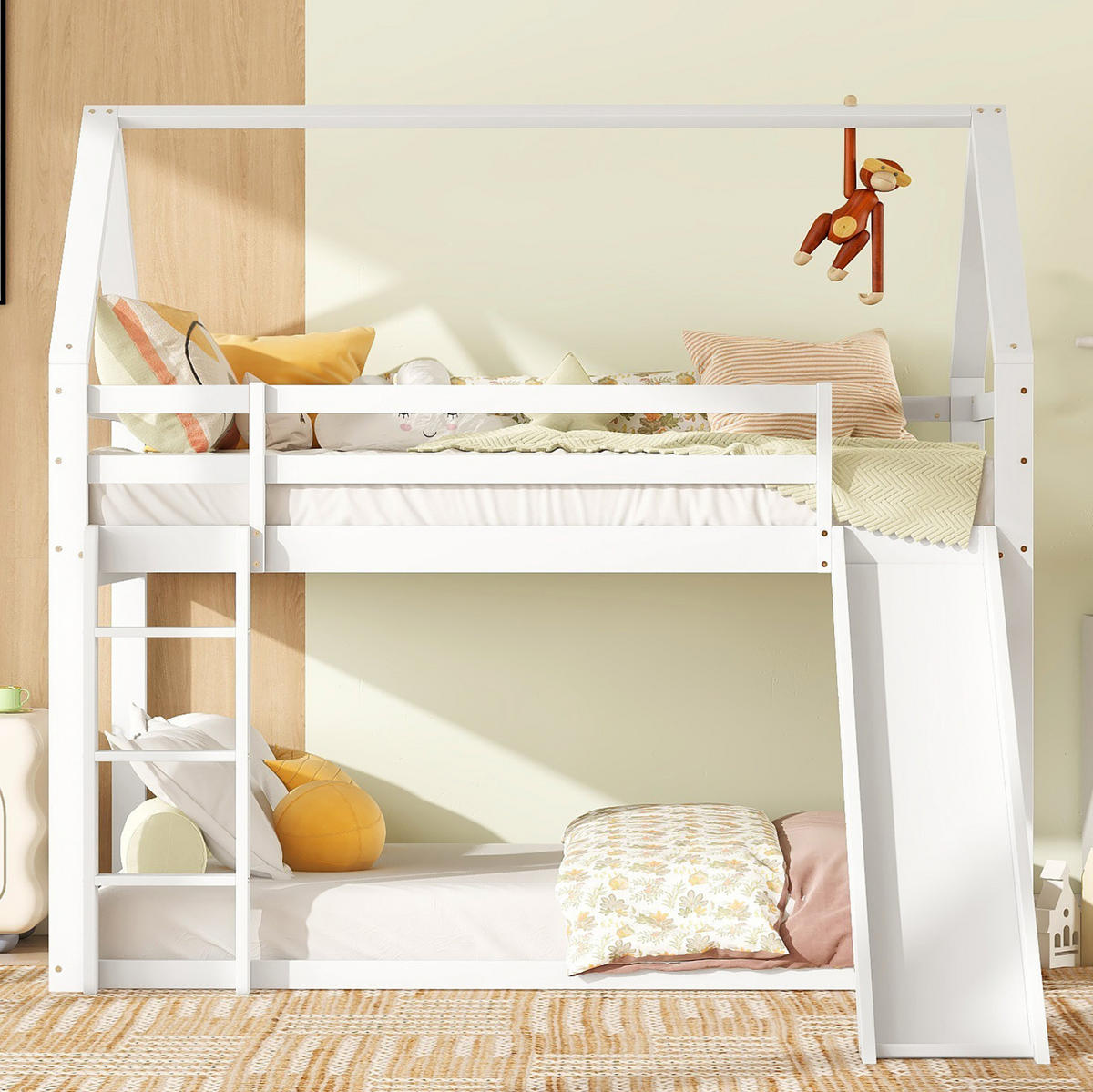 ETAGENBETT 90/200 cm in Weiß mit Rutsche und Leiter in Hausform - Weiß, Holz (90/200cm) - OKMYHOME