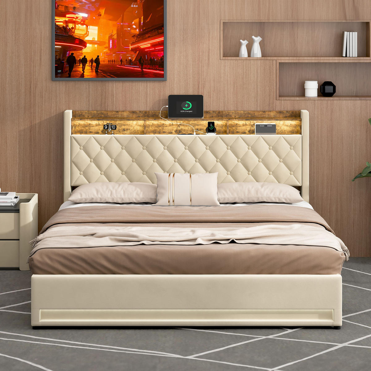 POLSTERBETT 180x200cm mit LED-Beleuchtung,Stauraumbett mit Bettkasten, Beige - Beige, Holzwerkstoff/Textil (180/200cm) - EVRYAE