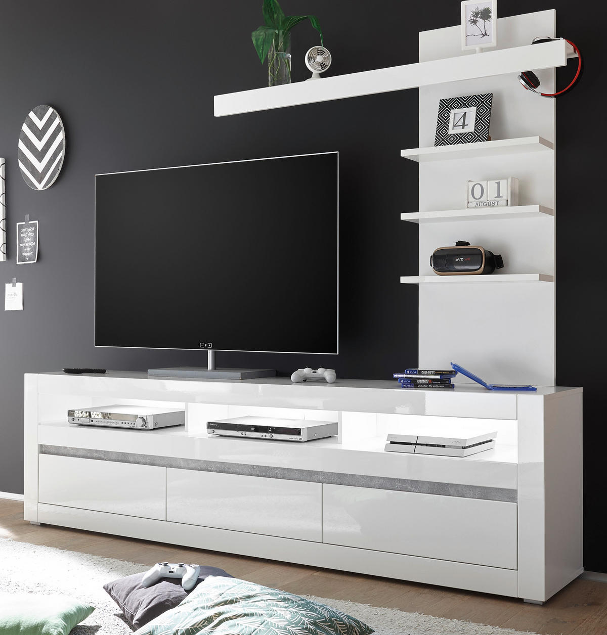 LOWBOARD Hochglanz weiß, Set 2-tlg. inklusive Paneel, TV Unterschrank Soft-Close - Weiß Hochglanz/Weiß, Holzwerkstoff/Kunststoff (217/163/42cm) - Furn.Design
