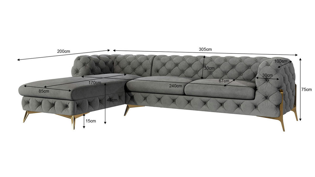 ECKSOFA Chesterfield Lexi Grau Samt, Ottomane links - Goldfarben/Grau, Holz/Textil (305/200cm) - S-Style Möbel
