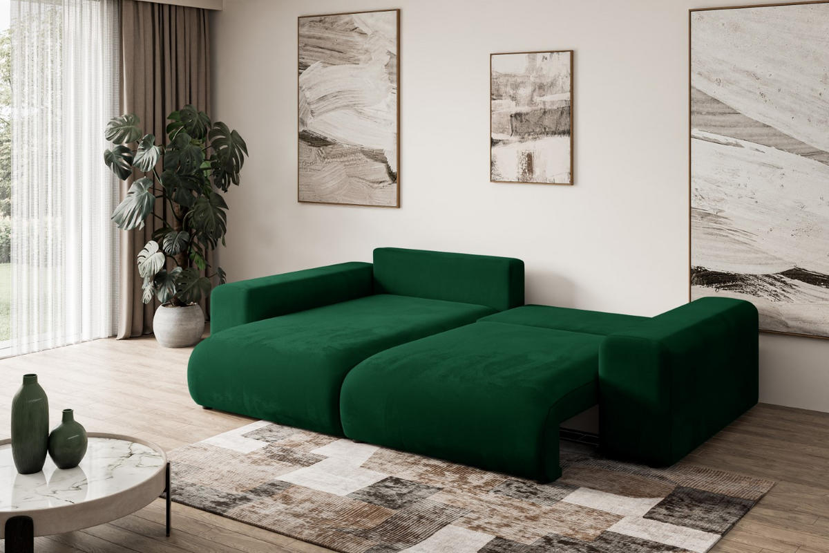 ECKSOFA mit Schlaffunktion und Bettkasten ESKAR-L 256x165x84cm Grün Velours - Schwarz/Grün, Holzwerkstoff/Kunststoff (165/256cm) - ALTDECOR