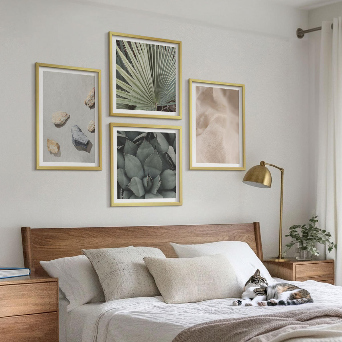 WANDBILDER 4er Set - 50x50 cm & 40x60 cm Goldrahmen - Steine, Holz, Stofftexturen - Goldfarben, Kunststoff (50/50cm) - ArtPrintCave