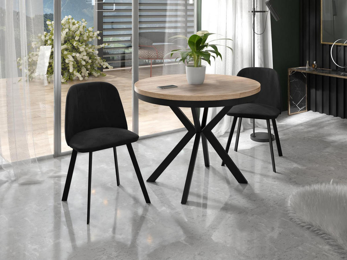 ESSTISCH Ross runder ausziehbarer, Sonoma Eiche 90-170/90/76 cm - Schwarz/Sonoma Eiche, Holzwerkstoff/Metall (90/90/76cm) - WFL GROUP