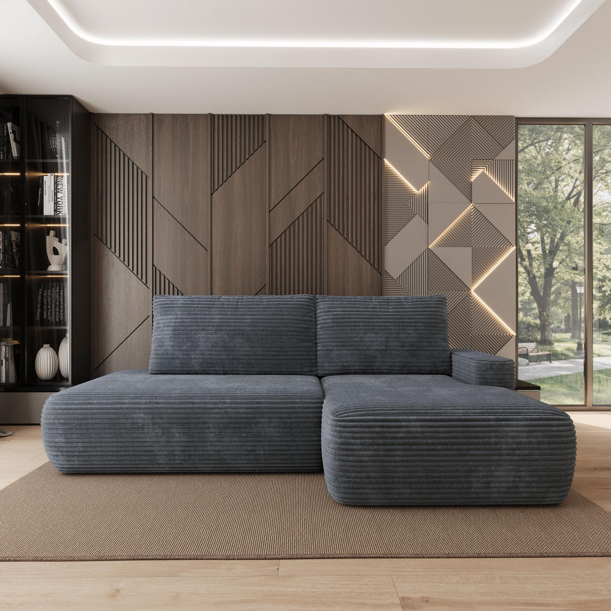 ECKSOFA AVINI T R-S Grau Kordstoff mit Schlaffunktion - Grau, Holzwerkstoff/Textil (277/160cm) - MASSENO