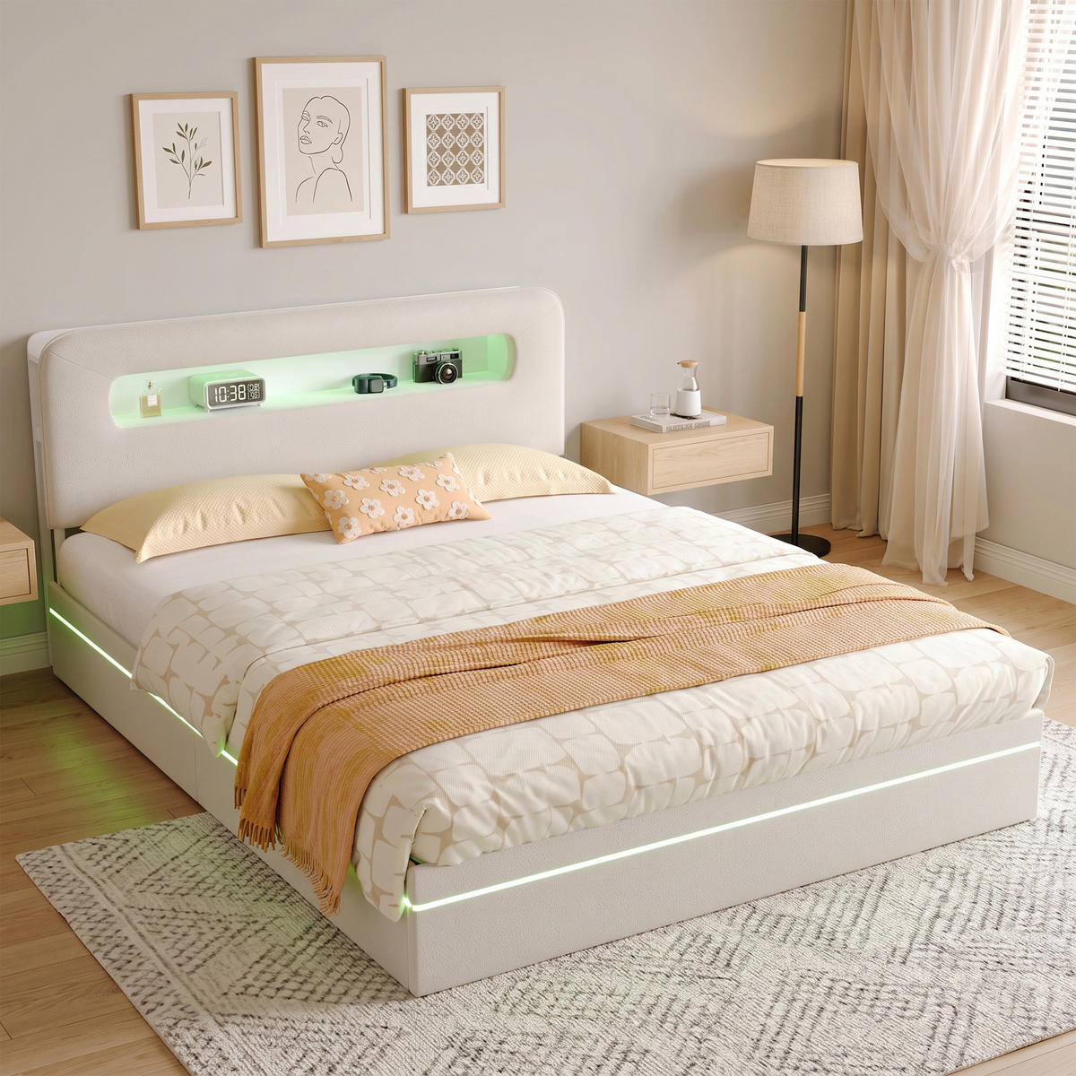 POLSTERBETT 140x200 mit bettkasten, Doppelbett mit stauraum, LED, lattenrost, samt, beige - Beige, Holz/Textil (140/200cm) - GENKI LIVING