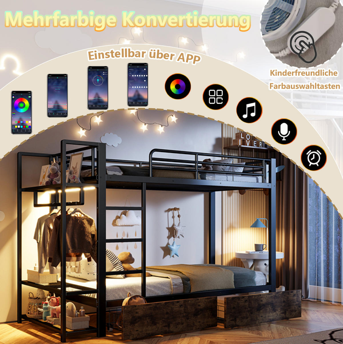 ETAGENBETT 90/200 cm aus Metall und MDF mit LED-Lichtleiste und Schubladen Schwarz - Schwarz, Metall (90/200cm) - Modenvie