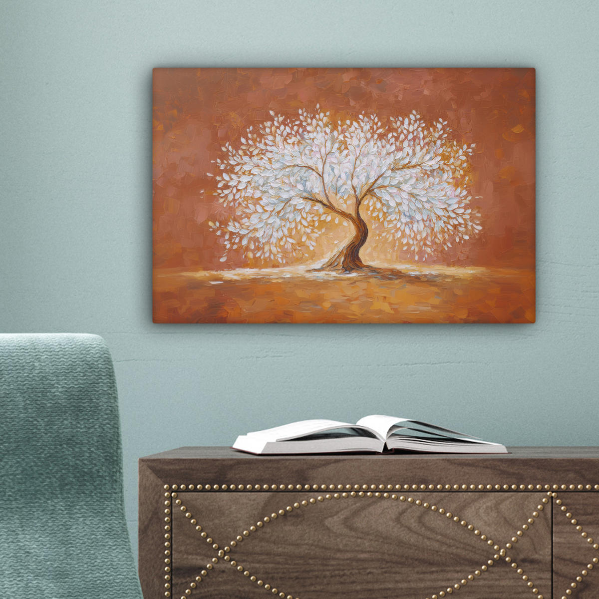 LEINWANDBILD Abstrakt - Baum - Weiß - Blätter Deko Schlafzimmer 30x20 cm - Braun, Textil (30/20cm) - MuchoWow