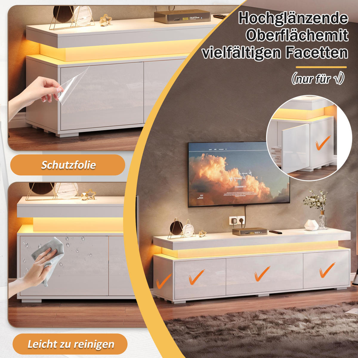 TV-LOWBOARD aus Spanplatte 150x35x43 cm Weiß mit LED-Beleuchtung und 3 Türen - Weiß, Holzwerkstoff (150/43/35cm) - IVMEU