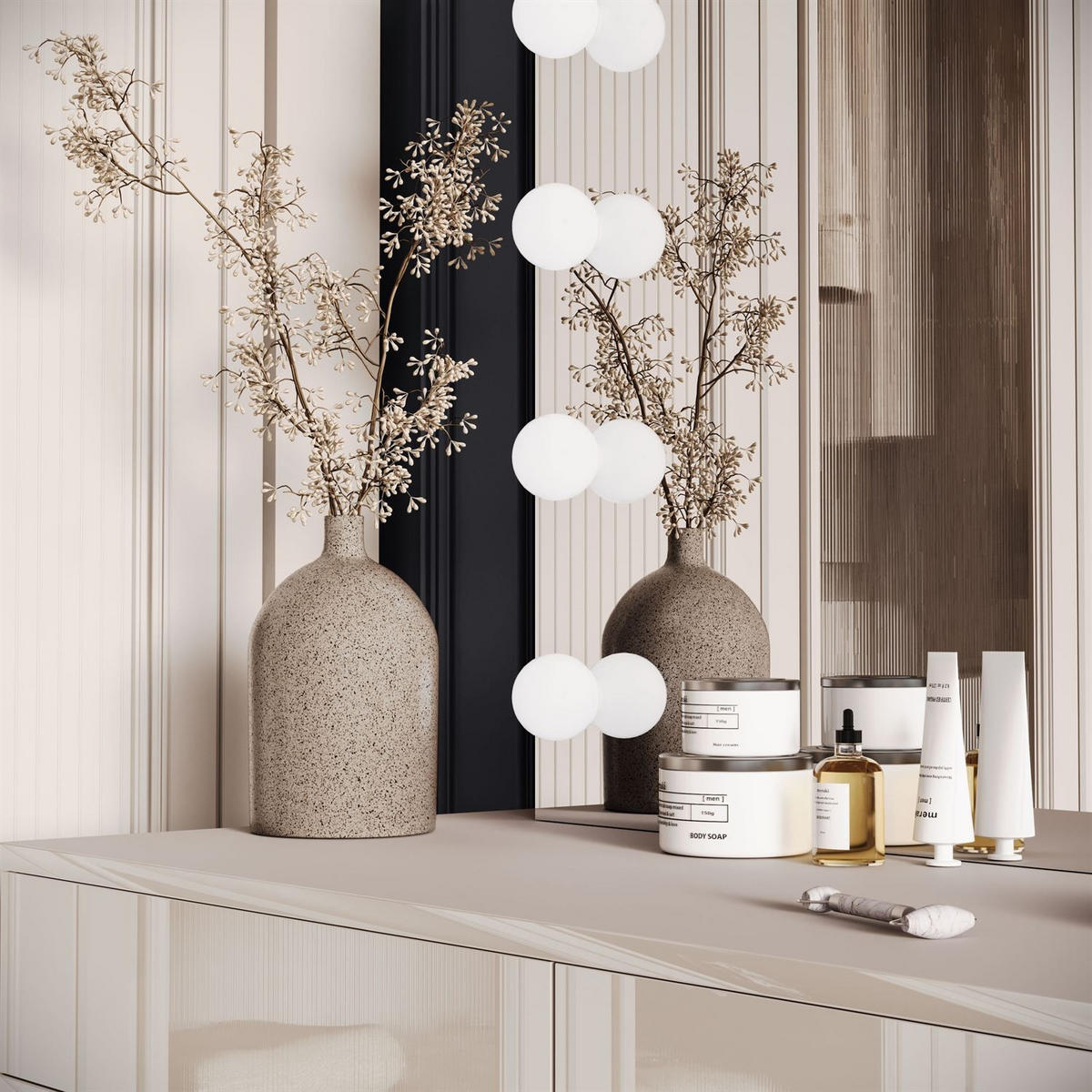 SCHMINKTISCH BLANCO KASCHMIR ELITE mit Spiegel und Beleuchtung silberner Chrom PUSH OPEN - Kaschmir, Holzwerkstoff (100/81/42cm) - Lookway