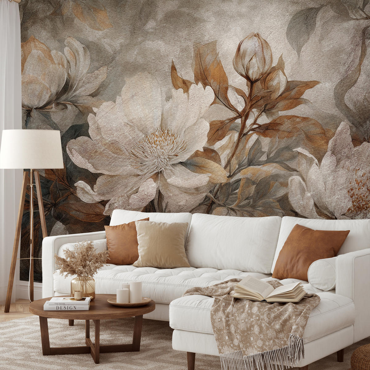 FOTOTAPETE für Wohnzimmer Blumen Blätter Pflanzen Natur Retro Stil 400x280 - Beige/Orange, Papier (400/280cm) - Muralo