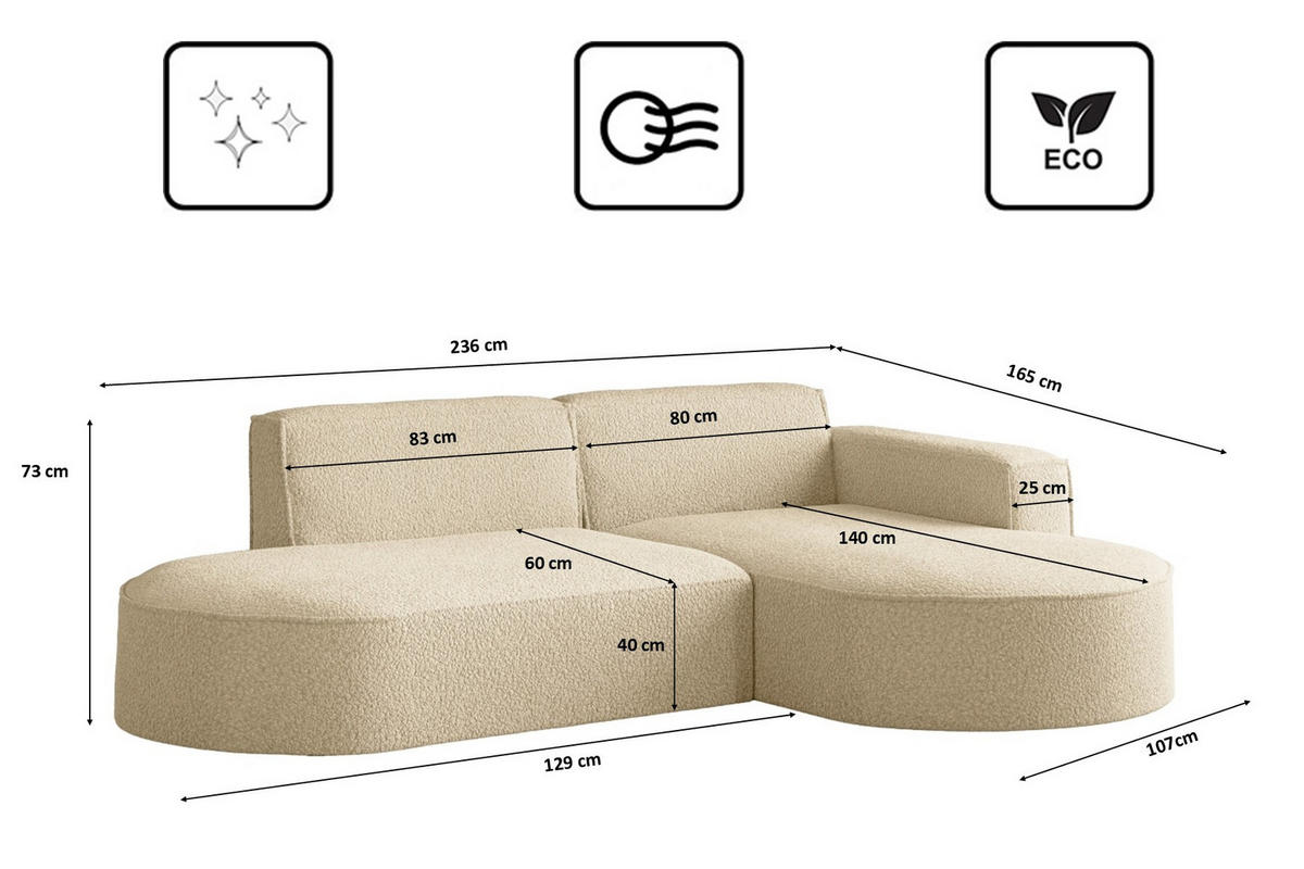 ECKSOFA Modena Studio, Stoff Quelle, Ecru Rechts - Ecru, Holz (236/165cm) - Kaiser Möbel