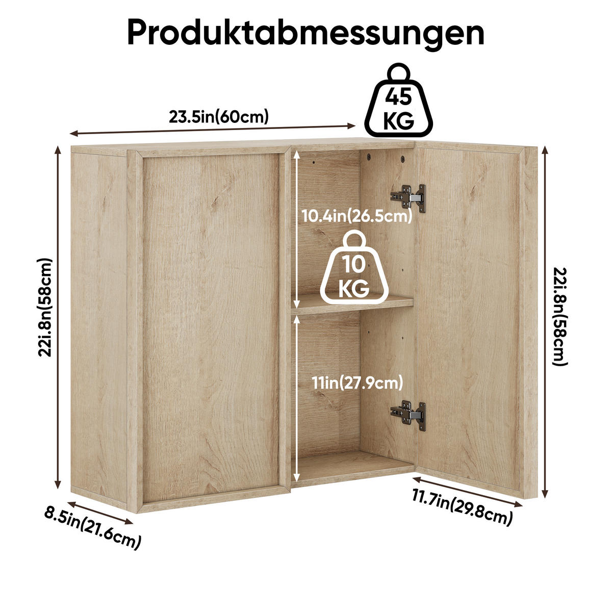 WANDSCHRANK Badezimmer Eichenoptik mit 2 Türen & griffloses Design - Eichefarben, Holzwerkstoff (60/58/21.6cm) - Urban Meuble