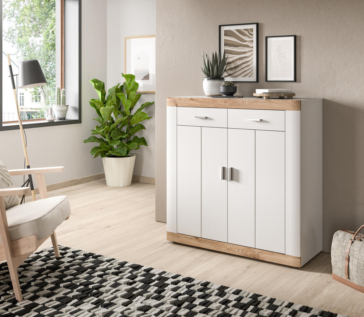KOMMODE weiß, Eiche 100 cm, Sideboard mit Soft-Close - Eichefarben/Silberfarben, Holzwerkstoff/Kunststoff (101/104/40cm) - Inn.Furn