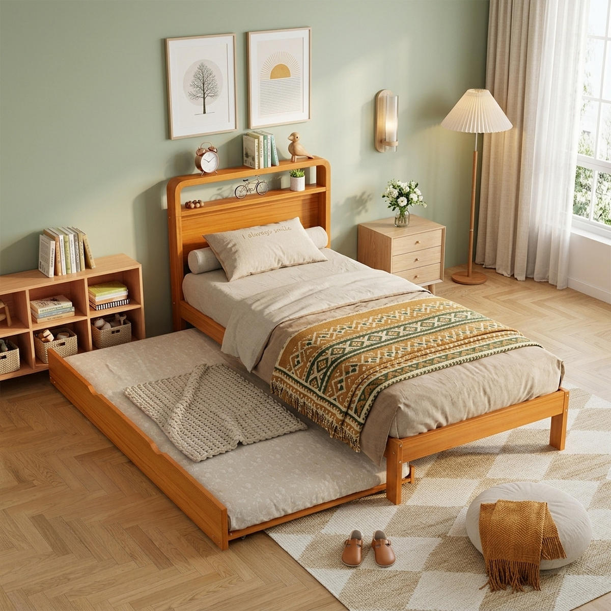 BETT 90/200 cm & 90/190 cm in Natur mit Ausziehbett und abgerundetem Kopfteil Holzdesign - Naturfarben, Holzwerkstoff (90/200cm) - STILVORA