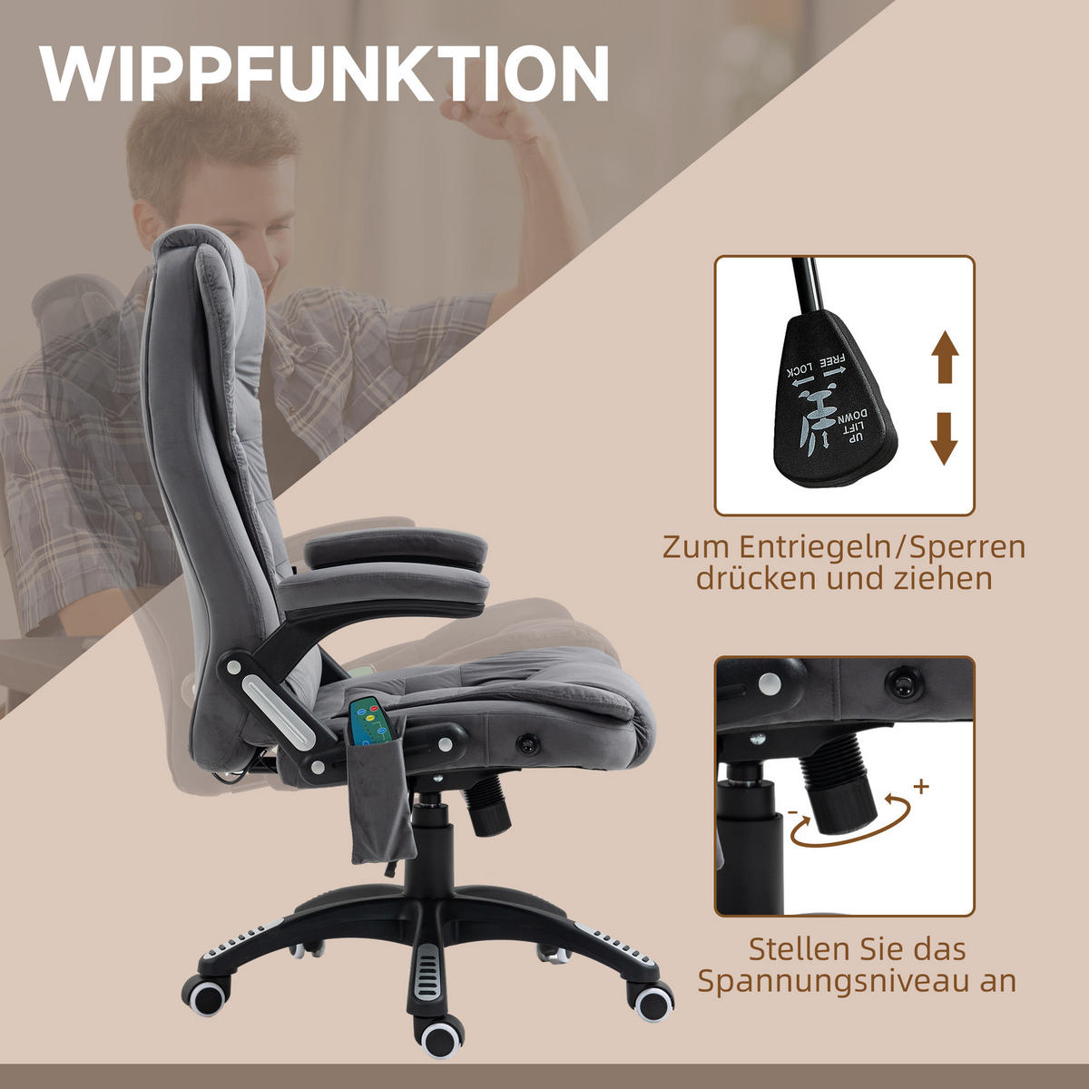 MASSAGE-BÜROSTUHL mit Wippfunktion, Schreibtischstuhl mit Heizfunktion, Grau - Dunkelgrau/Schwarz, Kunststoff/Textil (74/116/67cm) - Vinsetto