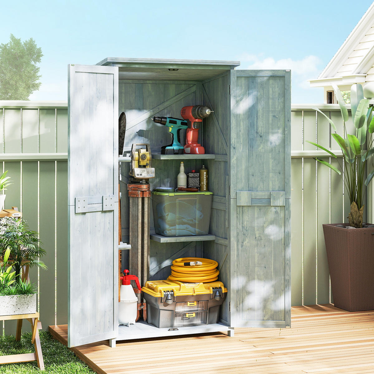 GARTENSCHRANK Tannenholz Grau - Grau, Holz (54/170/85cm) - Outsunny
