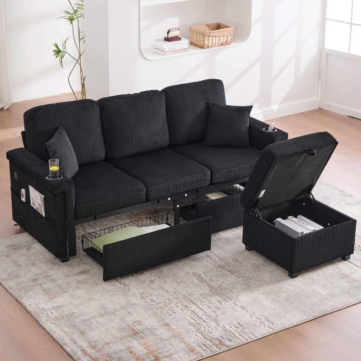 ECKSOFA Corduroy mit LED und USB-Anschluss Stauraum-Schubladen 194/73/81 cm Schwarz - Schwarz, Textil (73/194cm) - Redom