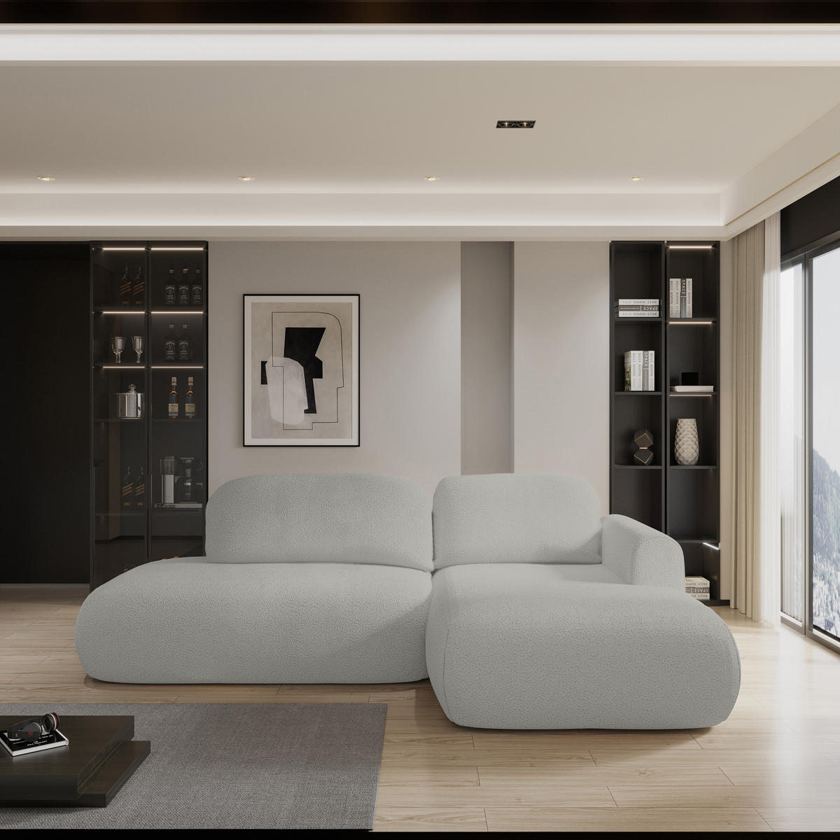 ECKSOFA NUVIRA R-S Hellgrau Boucle-Stoff mit Schlaffunktion - Hellgrau, Holz (274/165cm) - MASSENO