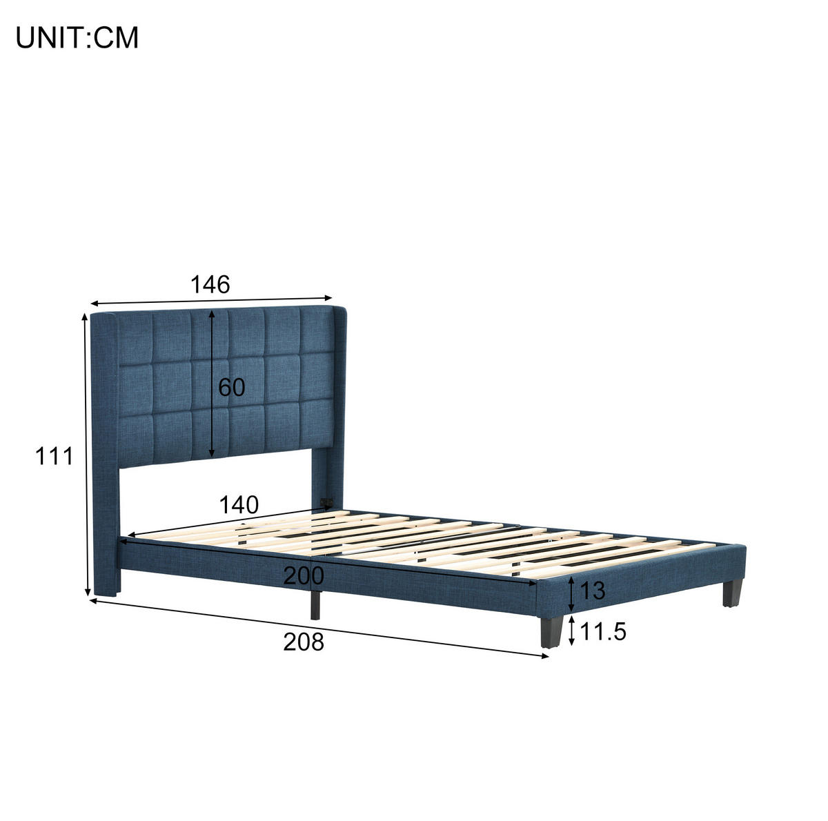 POLSTERBETT mit Matratze 140x200 cm Leinen Blau inkl. Lattenrost - Blau, Metall (140/200cm) - Meubliv