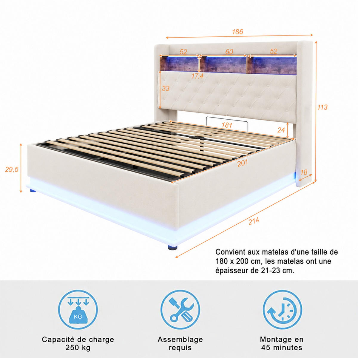 POLSTERBETT 180/200 mit Stauraum, LED, USB-Ladeanschluss und hydraulischem Stauraum in Beige - Beige, Holzwerkstoff/Textil (180/200cm) - EVRYAE