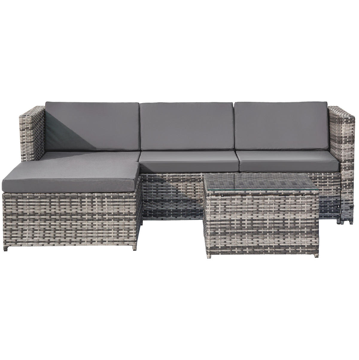 GARTENLOUNGE 196/136/67 cm grau aus Polyrattan und Stahl mit Kissen und Glastisch - Grau, Metall - OKWISH