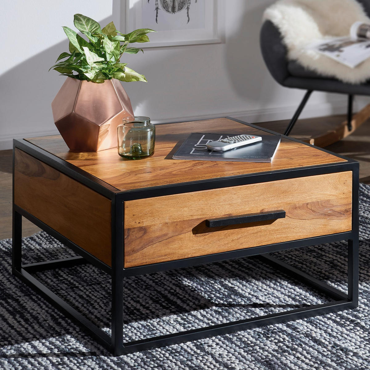 COUCHTISCH Industriestil, Metall und Holz, mit Schublade, 50 kg Tragkraft - Schwarz/Braun, Holz/Metall (65/65/38cm) - KADIMA DESIGN