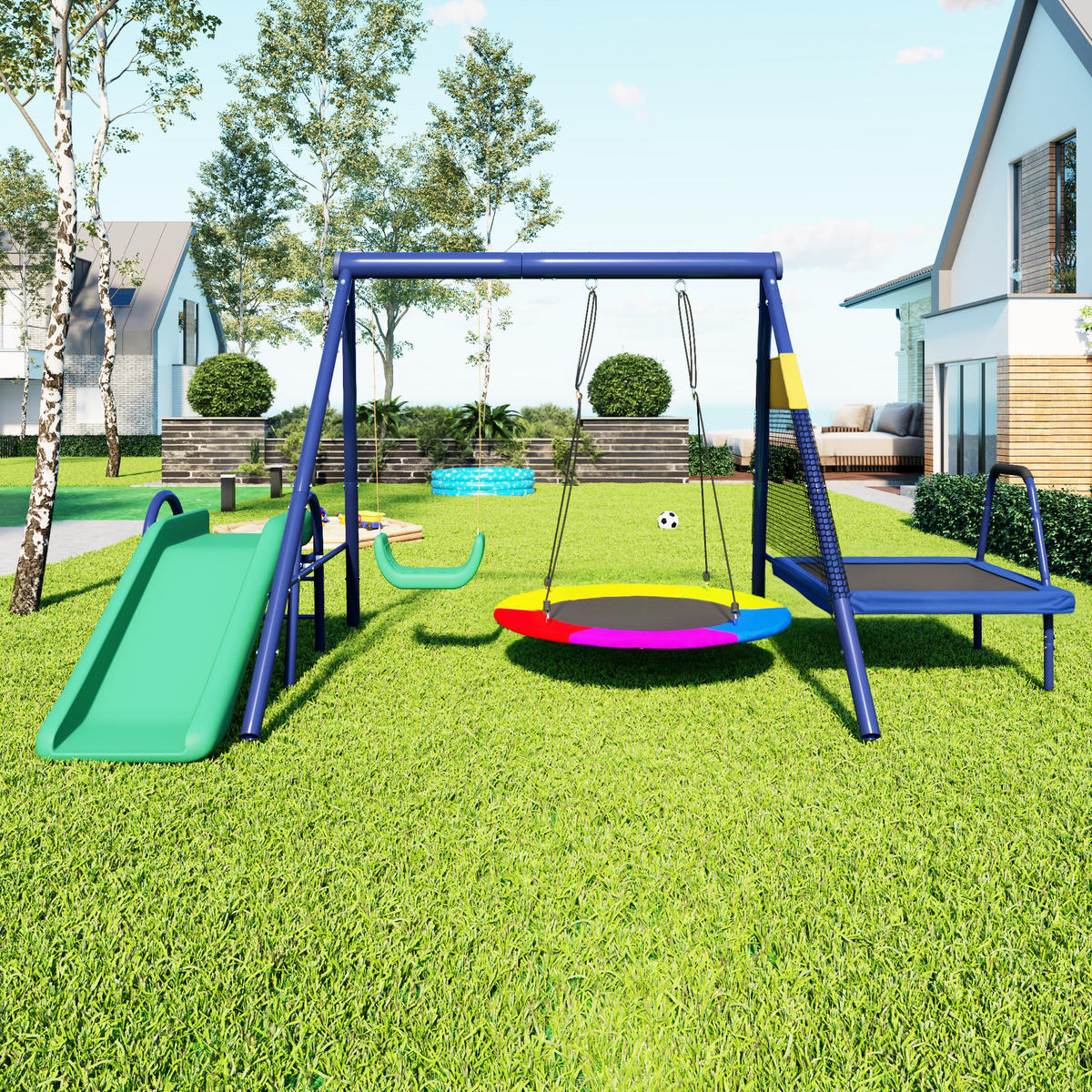 SCHAUCKELSET Kinder Rutsche Trampolin Nestschaukel Outdoor - Blau, Metall (198/183/335cm) - FLIEKS