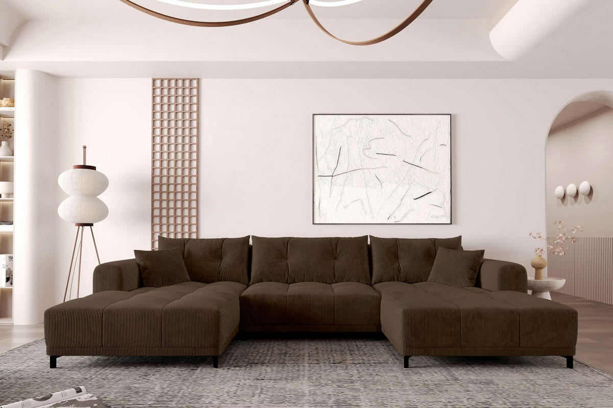 WOHNLANDSCHAFT Massimo Cordstoff Braun inkl. Schlaffunktion - Schwarz/Braun, Textil/Metall (356/94/181cm) - 99rooms