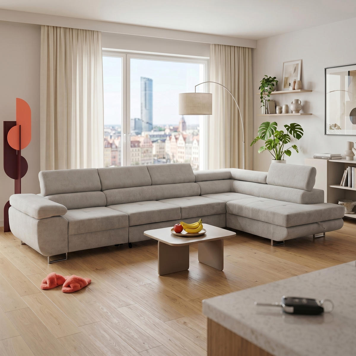 ECKSOFA WILD MAXI L Rechts mit Schlaffunktion 125x195 Chenille Grau - Chromfarben/Grau, Holz/Textil (350/203cm) - Muffo