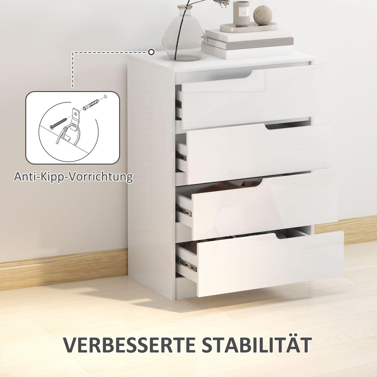 KOMMODE Beistellschrank mit 4 Schubladen, Hochglanzweiß 60 x 40 x 85cm - Weiß, Holzwerkstoff (60/85/40cm) - HOMCOM