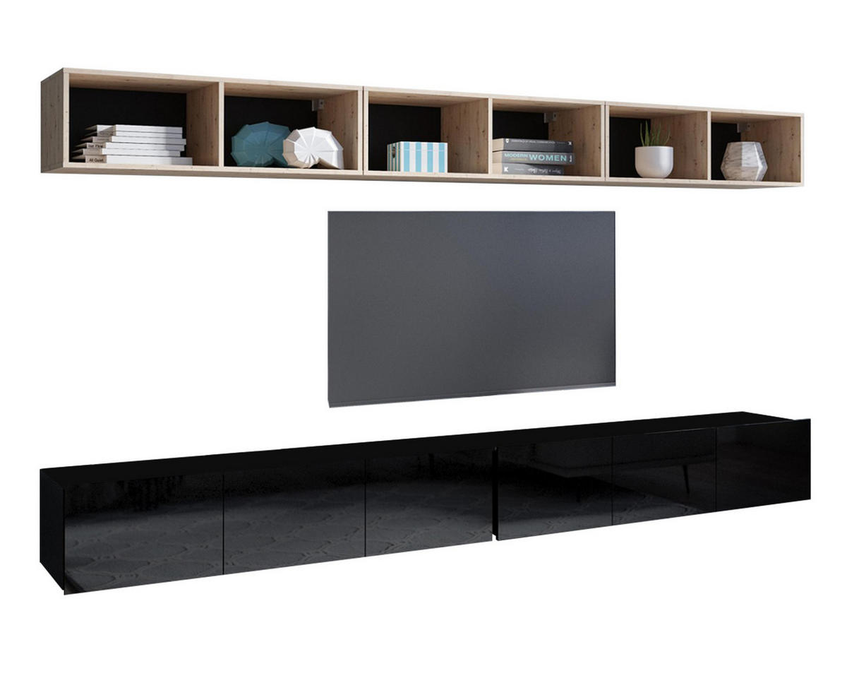 WOHNWAND Kossana 33 Modern Goldene Eiche/Schwarz 300/68/43 cm Stauraumwunder - Schwarz, Holzwerkstoff/Kunststoff (300/68/43cm) - AX Living