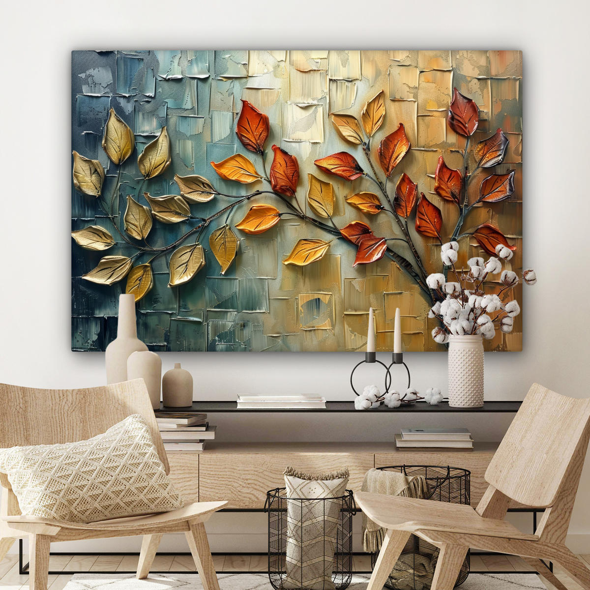 LEINWANDBILD Baum - Abstrakt - Natur - Kunst Wohnzimmer Groß 120x80 cm - Goldfarben, Textil (120/80cm) - MuchoWow
