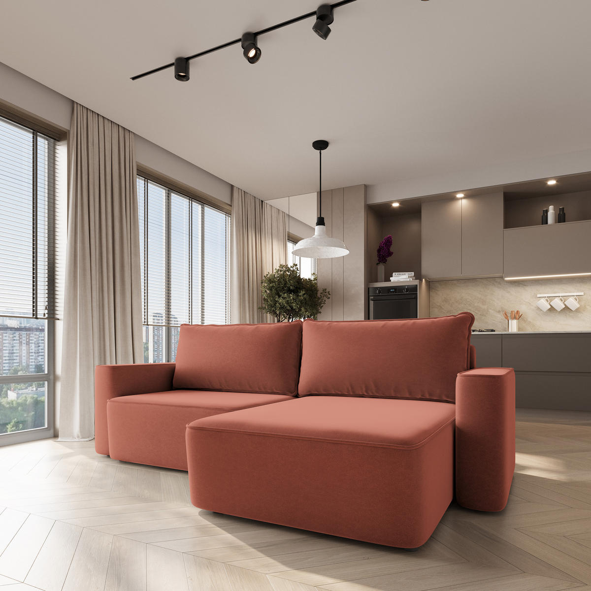 ECKSOFA BELISE CL Koralle Veloursstoff mit Schlaffunktion - Koralle, Holz/Textil (252/162cm) - MASSENO