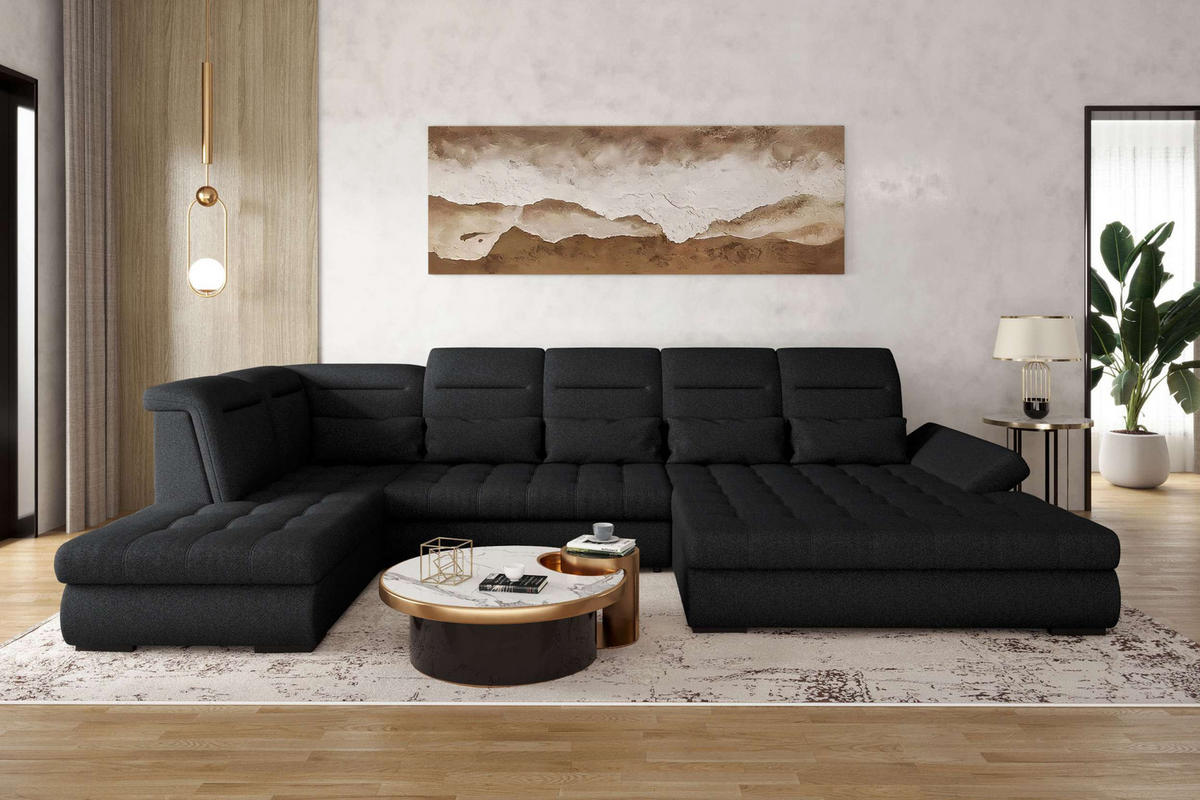 WOHNLANDSCHAFT Toscana Strukturstoff inkl. Schlaffunktion - Schwarz, Textil (358/87/208cm) - 99rooms