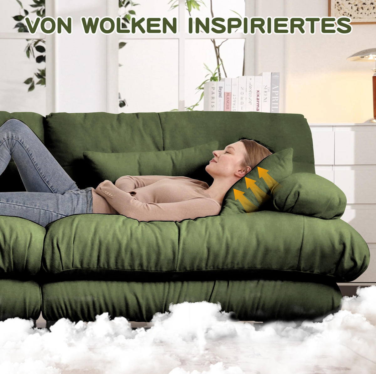 SOFA modular Chenille Green mit 2 Lendenkissen und 2 Dekokissen - Grün, Kunststoff (77/81/220cm) - Meubliv