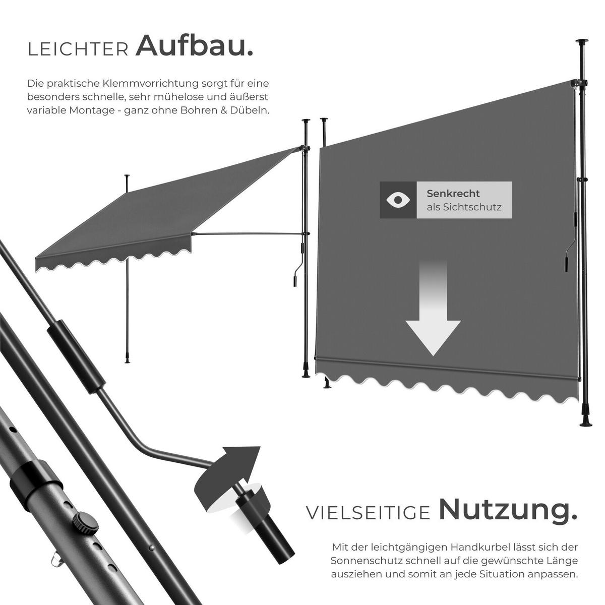 KLEMMMARKISE MIT HANDKURBEL , wasserabweisend, schwarz/grau - Schwarz/Grau, Textil (300/304/180cm) - tectake