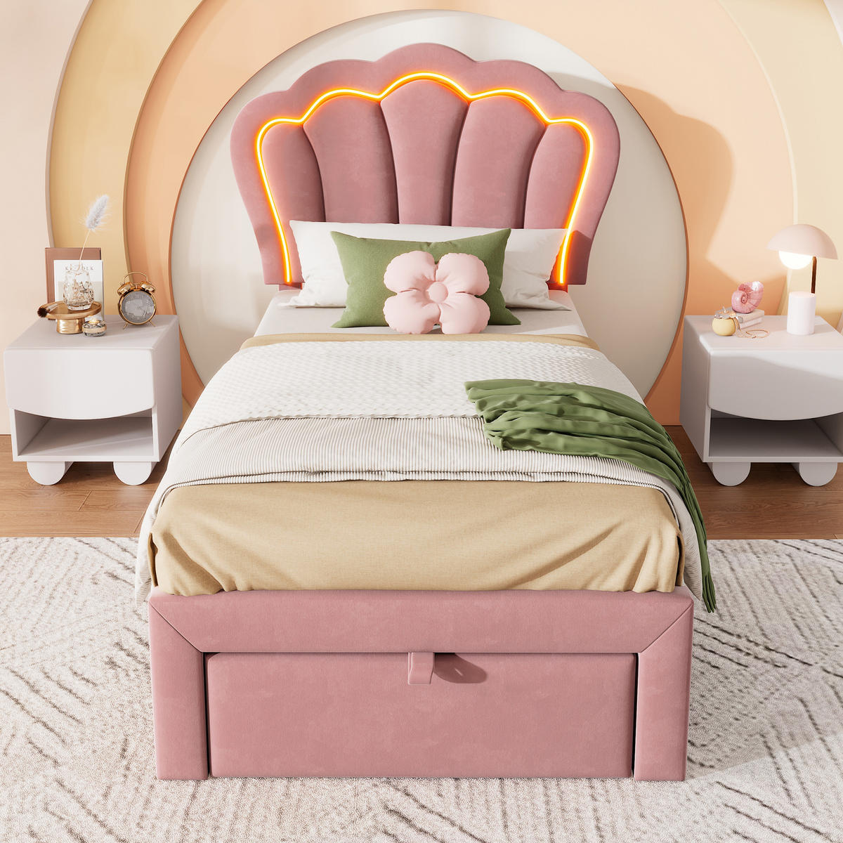 KINDEREINZELBETTEN aus Samt 90x200 cm in Rosa mit LED & Schublade - Rosa, Textil (90/200cm) - Modfu