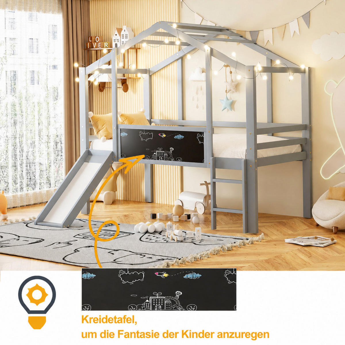 HOCHBETT 90/200 cm Grau mit Sicherheitsleiter, Sicherheitsrutsche und Graffiti-Tafel - Grau, Holz (90/200cm) - Oxeza