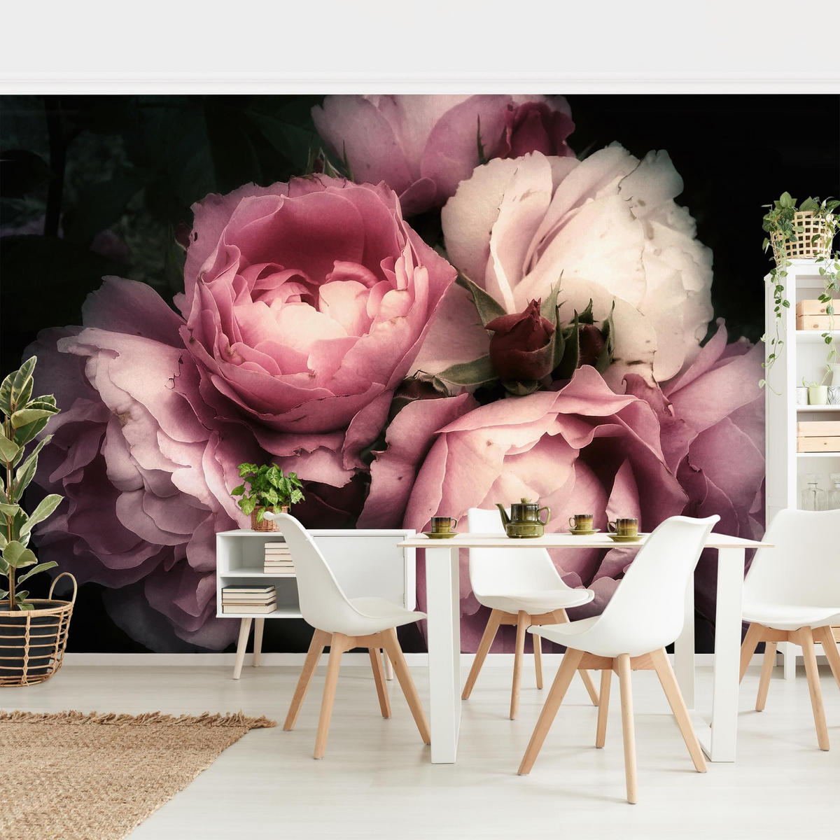 FOTOTAPETE Pfingstrosen vor Schwarz Shabby 336/225 cm - Rosa, Papier (336/225cm) - Bilderwelten