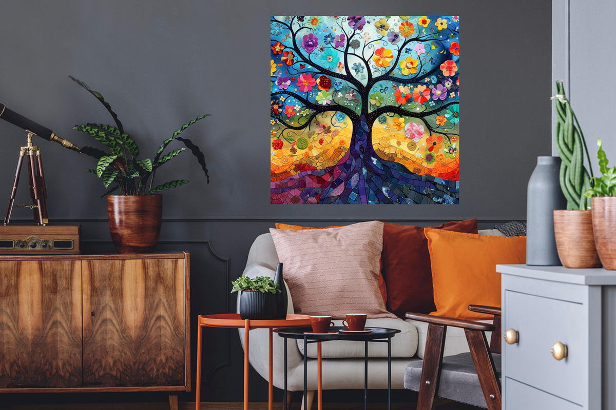 WANDTATTOO Kunst - Baum des Lebens - Blumen - Hippie 50x50 cm - Dunkelblau, Kunststoff (50/50/0.1cm) - MuchoWow