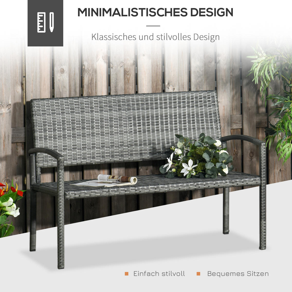 GARTENBANK mit Stahlrahmen für 2 Personen, bis 240 kg Belastbar, Grau, 122 x 60 x 85cm - Grau, Kunststoff (60/85/122cm) - Outsunny