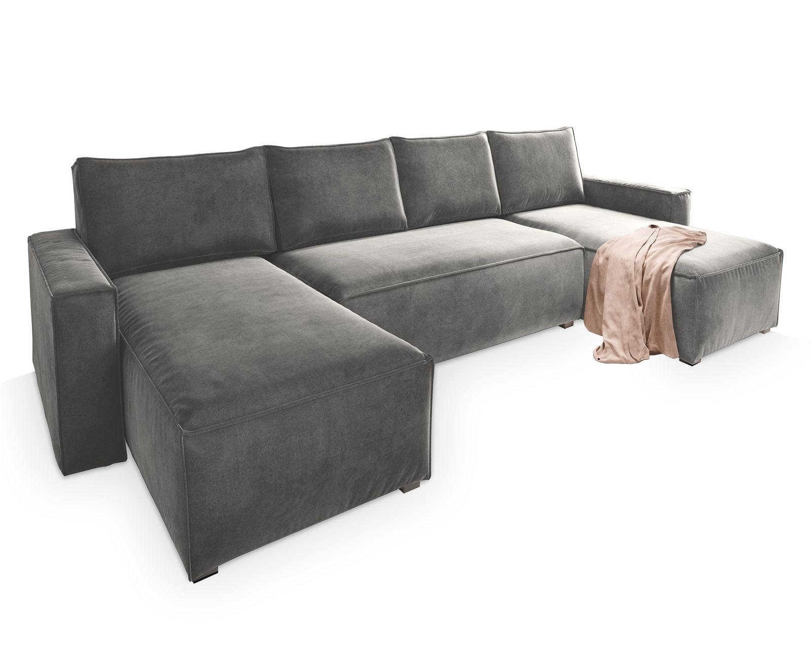 WOHNLANDSCHAFT DENI Hellgrau Velours-Stoff mit Schlaffunktion - Hellgrau, Holz (295/85/140cm) - MASSENO