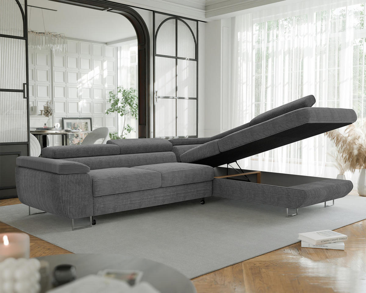 ECKSOFA ANTON mit Schlaffunktion und Bettkasten Grau - Grau, Holzwerkstoff/Kunststoff (274/203cm) - Idohome