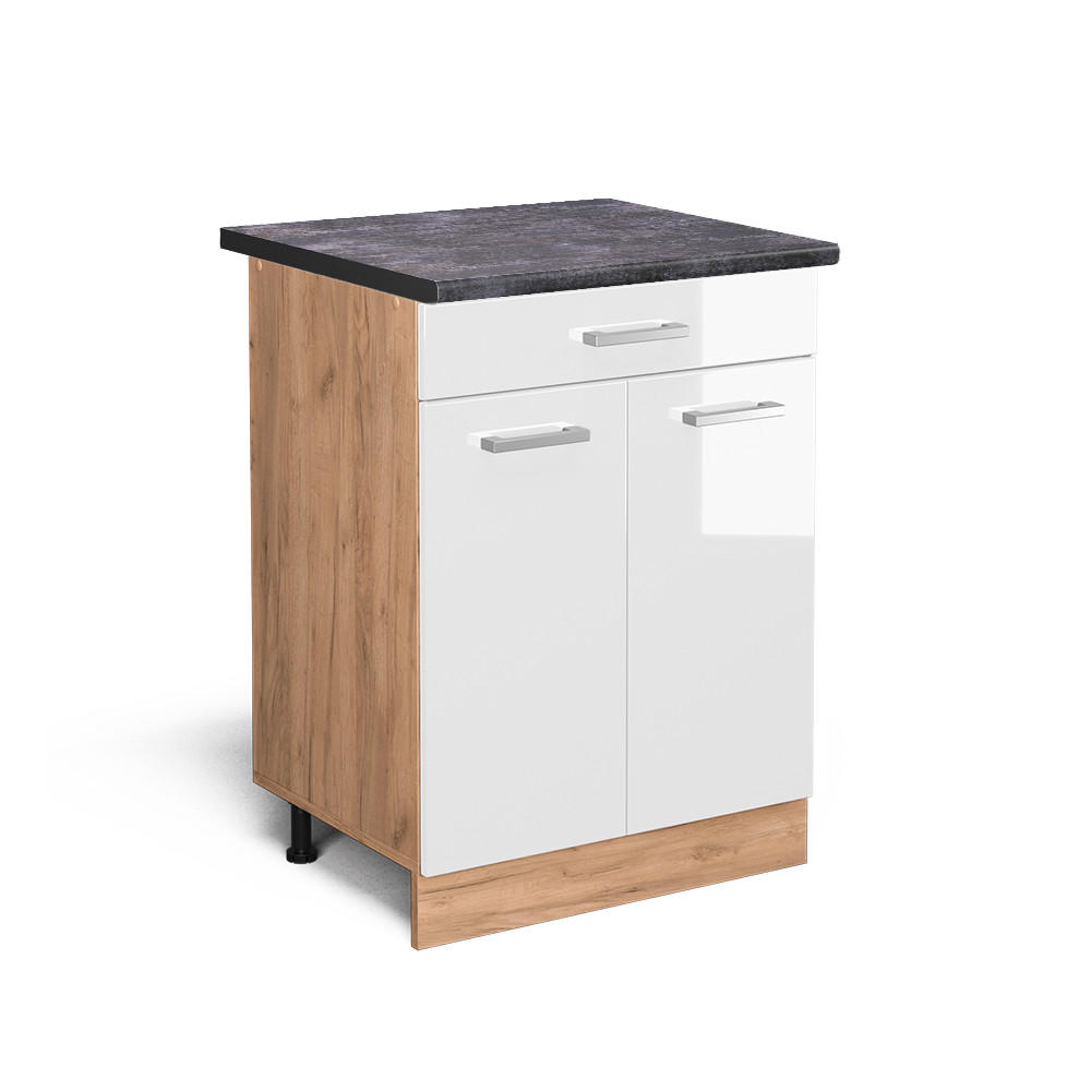 KÜCHENUNTERSCHRANK R-Line Weiß Hochglanz 60 cm mit Schublade AP Anthrazit - Weiß Hochglanz/Eiche Wotan, Holzwerkstoff (60/81.6/60cm) - Vicco