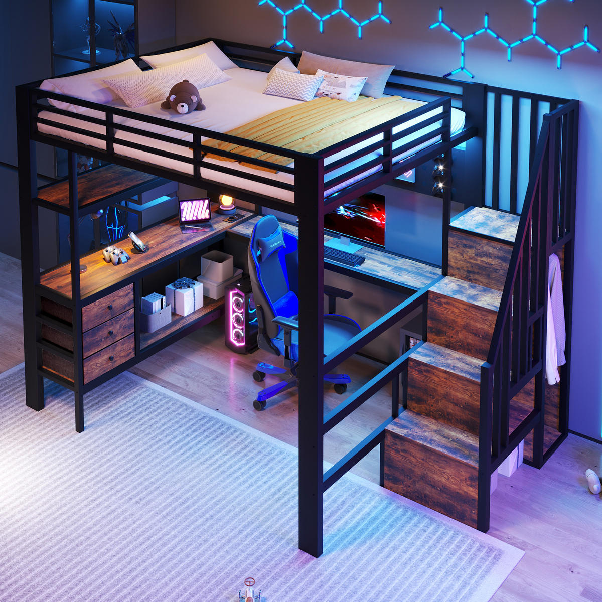 HOCHBETT 140/200 cm in Schwarz mit 3 Schubladen, Tisch, Steckdose und LED - Schwarz, Holzwerkstoff/Metall (90/200cm) - STILVORA