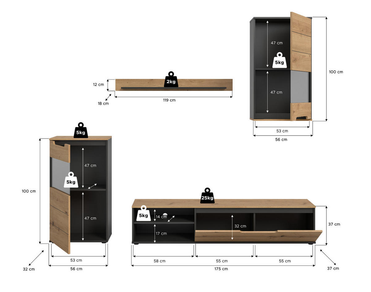 WOHNWAND Eiche Artisan, grau 4-teilig 246 cm, Schrankwand mit Soft-Close - Schwarz/Eiche Artisan, Glas/Holz (246/182/37cm) - Inn.Furn