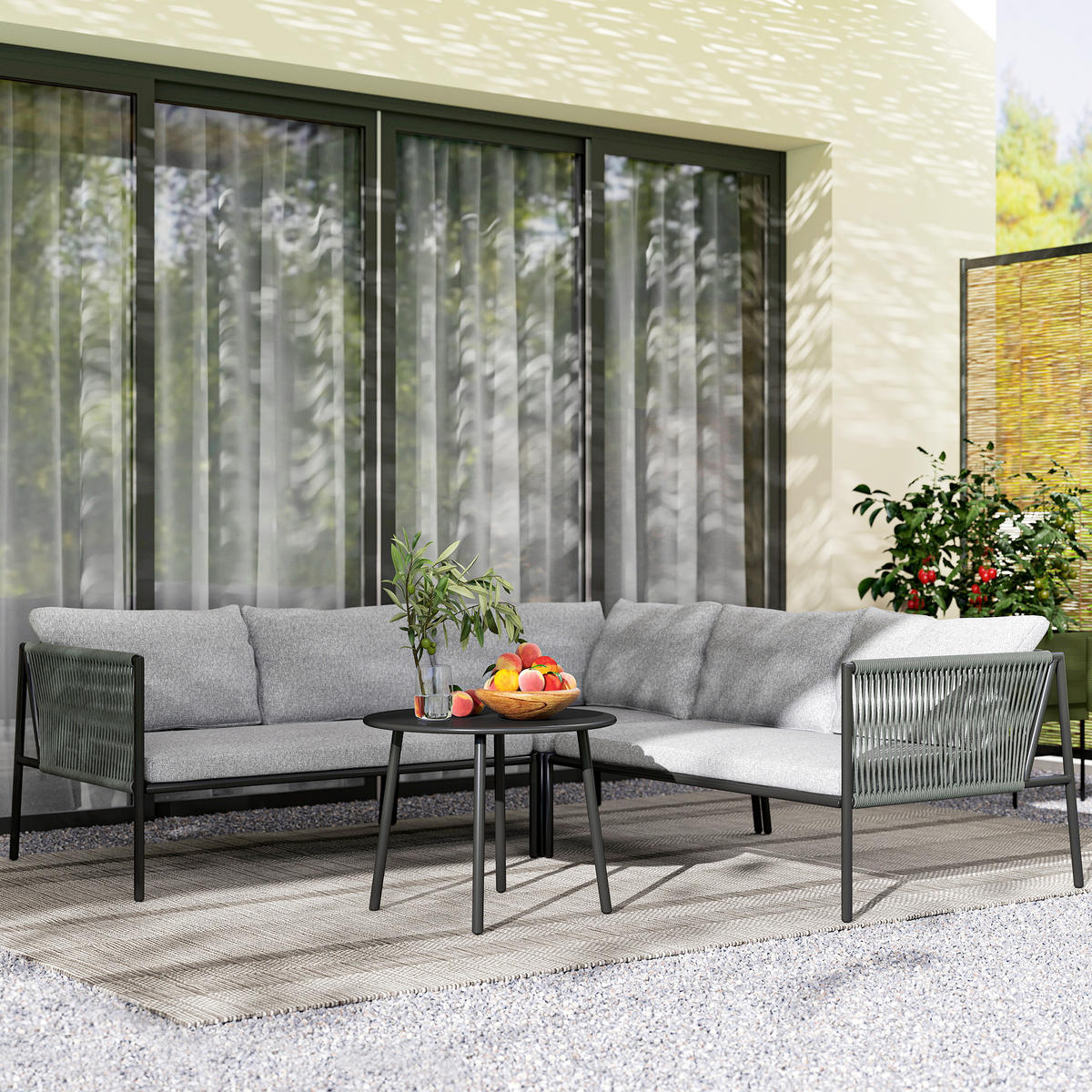 GARTENMÖBEL LOUNGE-SET DE-06738 mit Ecksofa & Tisch, für 6 Personen Dunkelgrau - Dunkelgrau, Kunststoff/Metall - ComfortXL