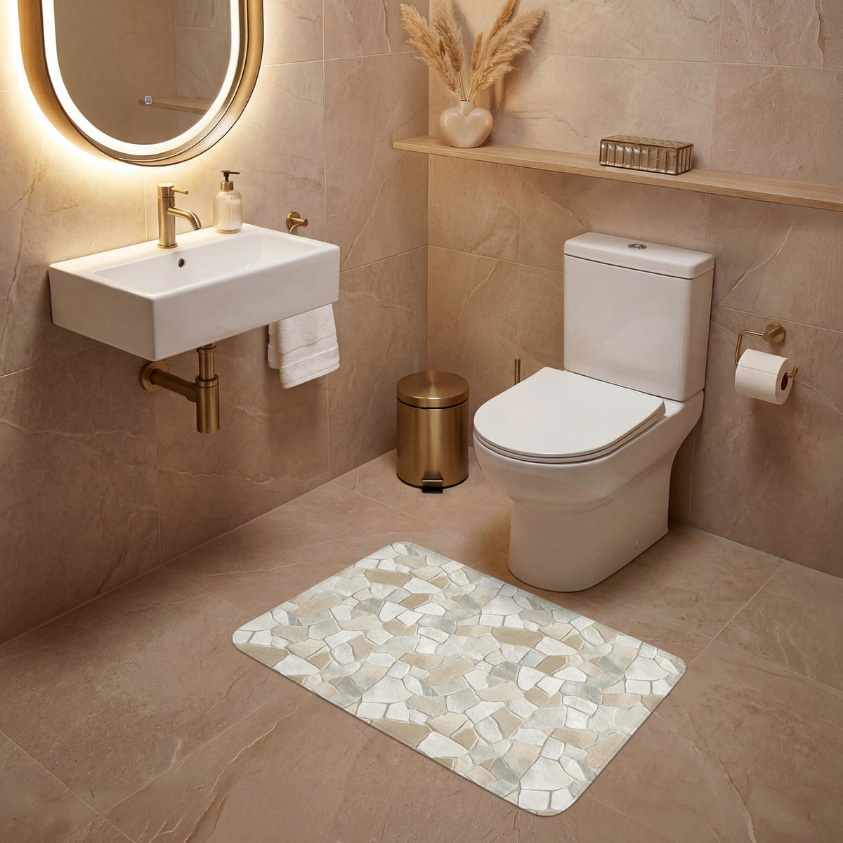 WC-VORLEGER Mosaik - Steine - Beige Toilettenteppich 80x50 cm - Beige, Kunststoff/Textil (80/1cm) - OnlyWow